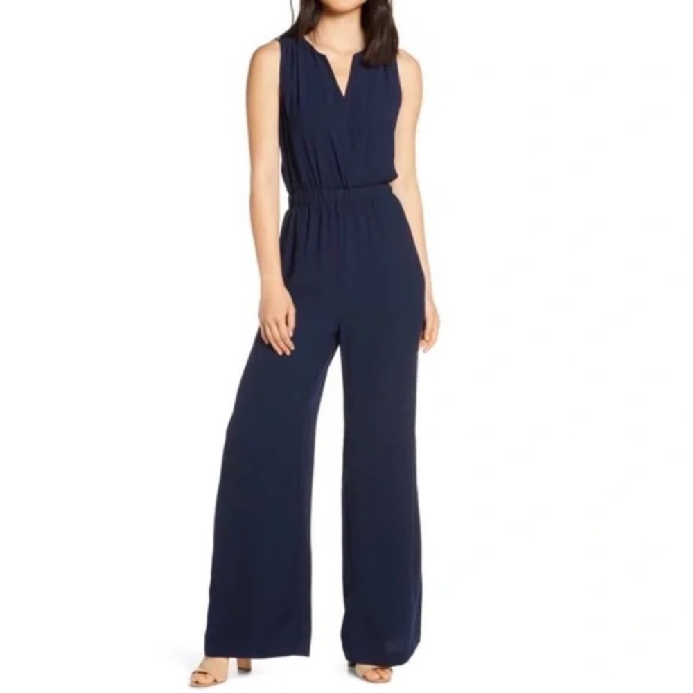 🆕 ELIZA J Blue Sleeveless V Neck Wide Leg Jumpsuit Size 8